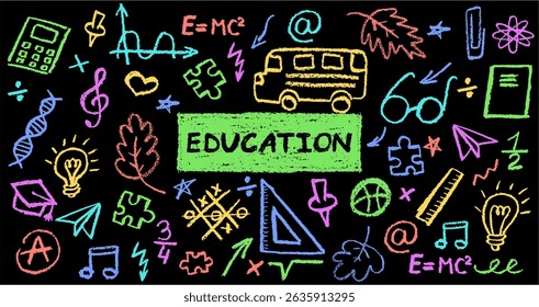 Charcoal school doodles on blackboard background. Fun hand-drawn icons for back to school themes. Cute childish education colorful pastel pencil signs. Grunge vector illustration kindergarten symbols