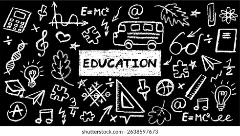 Charcoal school doodles on blackboard background. Fun hand-drawn icons for back to school themes. Cute childish education white pastel wax pencil signs. Grunge vector illustration kindergarten symbols