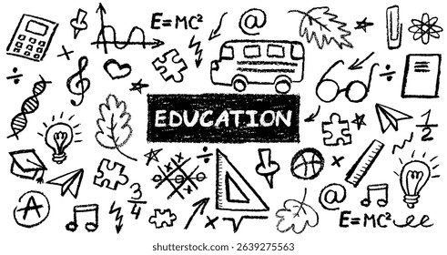 Charcoal school doodles on blackboard background. Fun hand-drawn icons for back to school themes. Cute childish education black pastel wax pencil signs. Grunge vector illustration kindergarten symbols