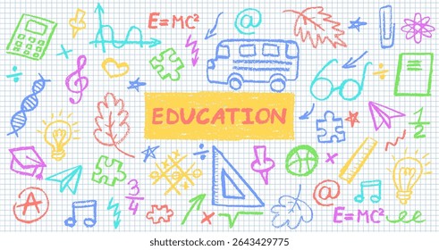 Charcoal school doodles on notebook sheet in a cage. Fun handdrawn icons for back to school themes. Cute childish education pastel or colorful wax pencil signs. Grunge vector classroom symbols