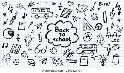 Charcoal school doodles on notebook sheet in a cage. Fun handdrawn icons for back to school themes. Cute childish education black pastel or wax pencil signs. Grunge vector classroom symbols