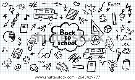 Charcoal school doodles on notebook sheet in a cage. Fun handdrawn icons for back to school themes. Cute childish education black pastel or wax pencil signs. Grunge vector classroom symbols