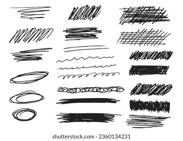 Charcoal scribble brushstrokes and stripes. Kid's crayon or marker doodle handdrawn scratches. Vector illustration of paint shapes, quiggles in marker sketch style.