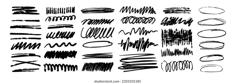 Charcoal scribble stripes and bold paint shapes. Childrens crayon or marker doodle rouge handdrawn scratches. Vector illustration of horizontal waves, squiggles in marker sketch style.