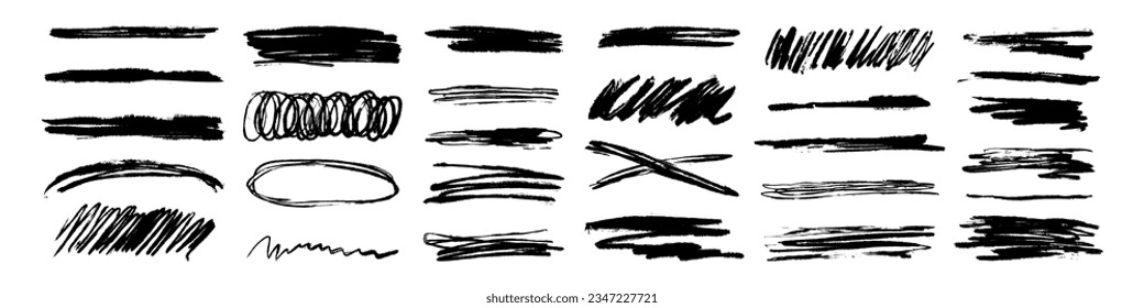Rayas de garabatos de carbón vegetal y formas de pintura en negrita. Los esténciles de tinta sucia o los arañazos de doodle con marcadores artísticos envuelven los arañazos dibujados a mano. Ilustración vectorial de ondas horizontales, calambres en estilo de esbozo de marcador.
