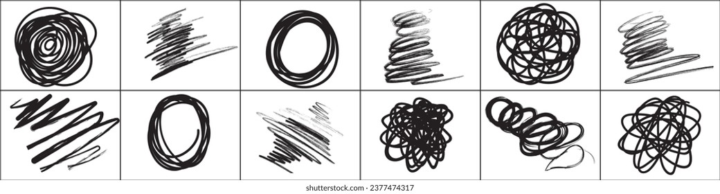 Charcoal scribble stripes and bold paint shapes. Childrens crayon or marker doodle rouge handdrawn scratches. Vector illustration of squiggles in marker sketch style