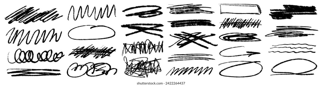 Charcoal scribble stripes and bold paint shapes. Childrens crayon or marker doodle rough handdrawn scratches. Vector illustration of squiggles in marker sketch style