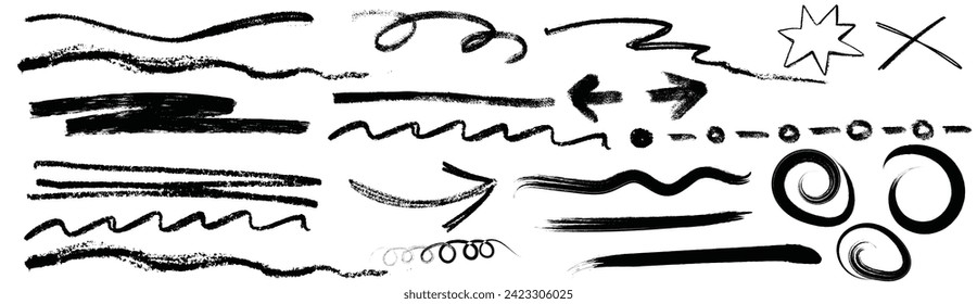 Charcoal scribble stripes and bold paint shapes. Childrens crayon or marker doodle rouge handdrawn scratches. Vector illustration of squiggles in marker sketch style