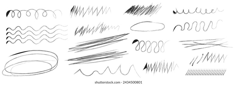Charcoal scribble stripes and bold paint shapes. Children crayon or marker doodle rouge hand drawn scratches. Vector illustration of horizontal waves, squiggles in marker sketch style.Vector