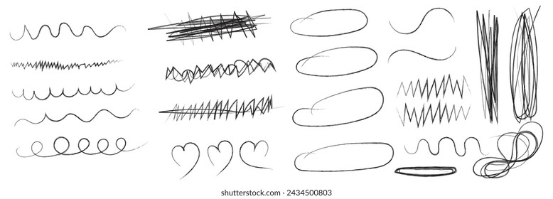 Rayas de garabato y formas de pintura audaces. Los niños de crayón o marcador garabato rojo dibujado a mano arañazos. Ilustración vectorial de ondas horizontales, garabatos en estilo de boceto de marcador.Vector