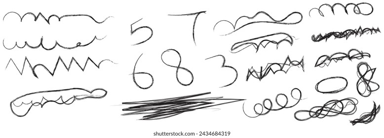  Rayas de garabato y formas de pintura audaces. Los niños de crayón o marcador garabato rojo dibujado a mano arañazos. Ilustración vectorial de ondas horizontales, garabatos en estilo de boceto de marcador. Archivo vectorial