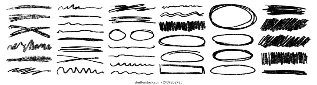 Charcoal scribble stripes and bold strikethroughs. Hand drawn rough doodle scratches in crayon or marker. Vector horizontal waves, marker sketch style squiggles.