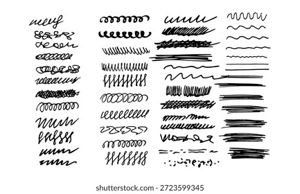 Rayas de garabatos de carbón. Tiza crayón o marcador doodle rouge arañazos. Ilustración vectorial de líneas, ondas, garabatos en estilo de boceto de marcador. 