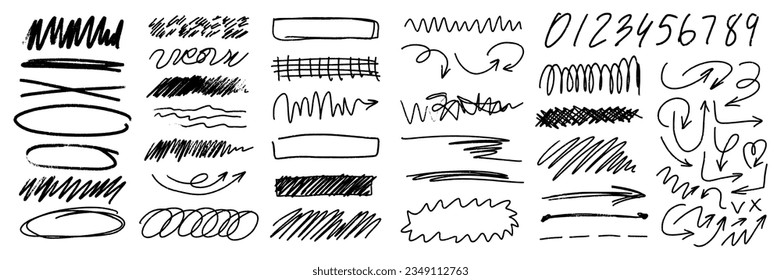 Charcoal scribble stripes, emphasis arrows, handdrawn numbers. Chalk crayon or marker doodle rouge handdrawn scratches. Vector illustration of lines, waves, squiggles in marker sketch style.