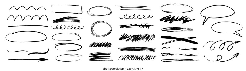 Tierras de garabato de carbón vegetal, flechas de énfasis, números dibujados a mano. Rasgos dibujados a mano con el caparazón o el rollo de doodle de marcador. Ilustración vectorial de líneas, ondas, calambres en el estilo de sketch de marcadores.