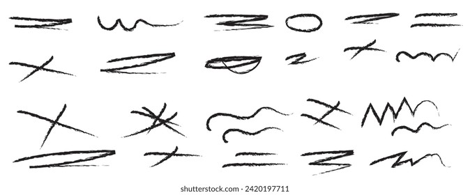 Charcoal scribble stripes, emphasis arrows, handdrawn numbers. Chalk crayon or marker doodle rouge handdrawn scratches. Vector illustration of lines, waves, squiggles in marker sketch style.