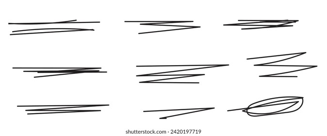 Tierras de garabato de carbón vegetal, flechas de énfasis, números dibujados a mano. Rasgos dibujados a mano con el caparazón o el rollo de doodle de marcador. Ilustración vectorial de líneas, ondas, calambres en el estilo de sketch de marcadores.