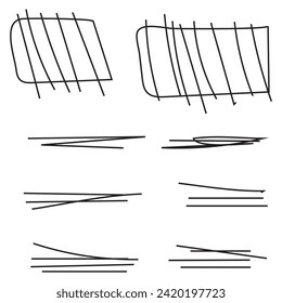 Charcoal scribble stripes, emphasis arrows, handdrawn numbers. Chalk crayon or marker doodle rouge handdrawn scratches. Vector illustration of lines, waves, squiggles in marker sketch style.