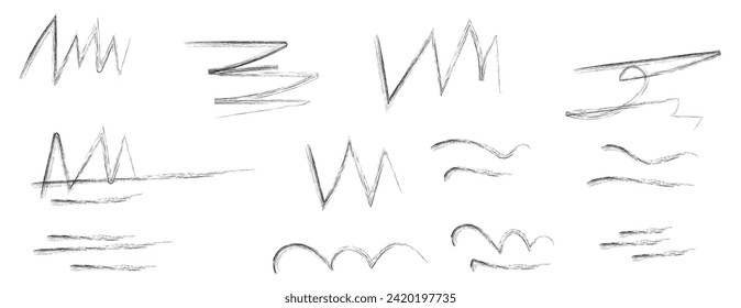 Charcoal scribble stripes, emphasis arrows, handdrawn numbers. Chalk crayon or marker doodle rouge handdrawn scratches. Vector illustration of lines, waves, squiggles in marker sketch style.