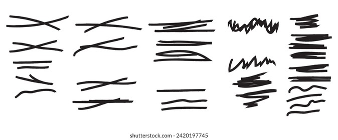 Charcoal scribble stripes, emphasis arrows, handdrawn numbers. Chalk crayon or marker doodle rouge handdrawn scratches. Vector illustration of lines, waves, squiggles in marker sketch style.