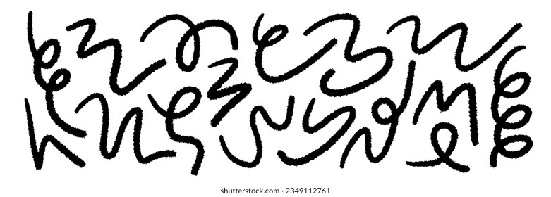 Charcoal scribble stripes and grunge paint squiggle shapes. Kids crayon or marker doodle rouge hand drawn scratches. Vector illustration of waves, swirls in marker sketch style.