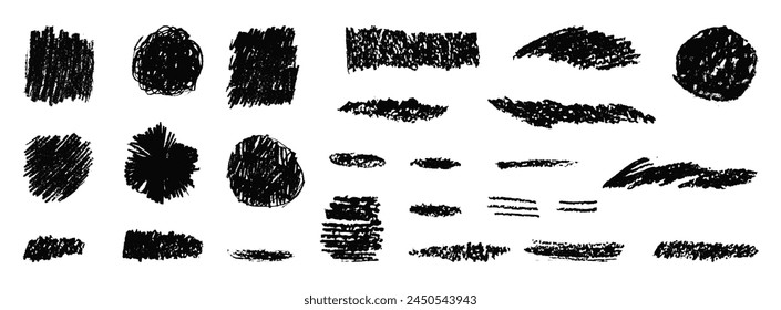 Charcoal scribble textures. Vector hand-drawn squiggle set. Charcoal crosshatch shapes, underlines and strike through. Thick pencil smears, scrawls and scratches. Black on white kids brushstroke lines