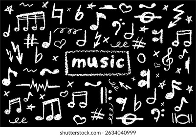 Charcoal scribble vector of handwritten pop music notes and symbols. Grungy doodle style for creative designs, posters, and album art. Cute childish music school white pastel or wax pencil signs