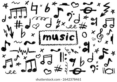 Charcoal scribble vector of handwritten pop music notes and symbols. Grungy doodle style for school designs, posters, and album art. Cute childish music kindergarten black pastel or wax pencil signs