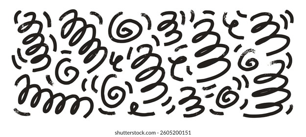 Charcoal scribble wavy shapes. Squiggle hand drawn confetti set. Vector black and white grunge crayon brush strokes lines collection. Curve and swirls vector doodle elements. Curly ink brush spirals.