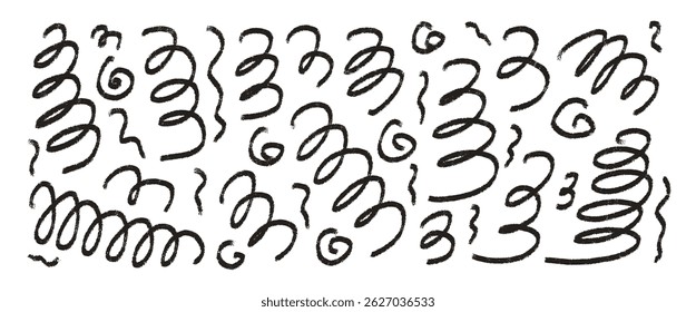 Charcoal scribble wavy shapes. Squiggle hand drawn confetti set. Vector black and white grunge crayon brush strokes lines collection. Curve and swirls vector doodle elements. Curly ink brush spirals.