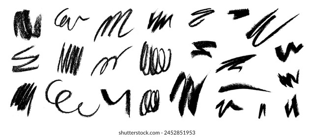 Charcoal scribbles. Vector zigzag squiggle set. Childish smears, strokes and scratches. Rough black lines. Grungy crayon kids hand-drawn brushstrokes. Scribble lines on paper. Each element is isolated