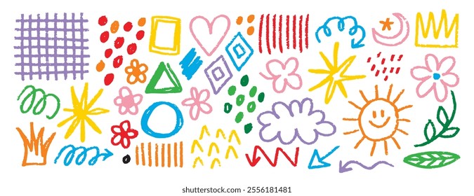charcoal shapes and squiggles in chalk childish girly style doodle hand drawn line set. Pencil drawings. Crown, stars, flower, heart and grid collage elements. Vector illustration