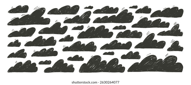 Charcoal silhouette clouds set. Naive hand drawn sky pack. Kids chalk textured weather elements. Pastel scribble clouds signs. Vector wax pencil drawn collection illustration on white background.