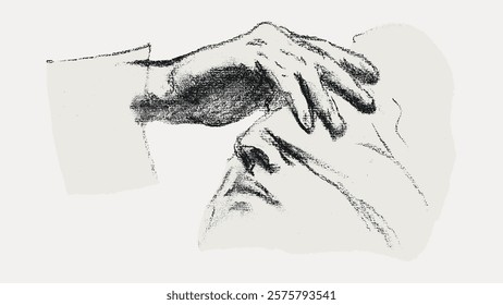 Charcoal sketch of a hand covering a face, emphasizing texture and shading. The hand and face are central, with a focus on artistic expression and detail. Vintage art drawing, isolated vector.