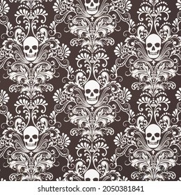 charcoal 'Skull Damask Negative' with gothic ornaments featuring white damask ornaments with skulls , Halloween theme