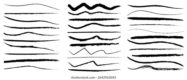 Charcoal smears, Horizontal wavy strokes collection. Chalk lines, charcoal highlight strokes doodle set. Pencil underlines, kids crayon strips, brush line in sketch style. vector illustration isolated