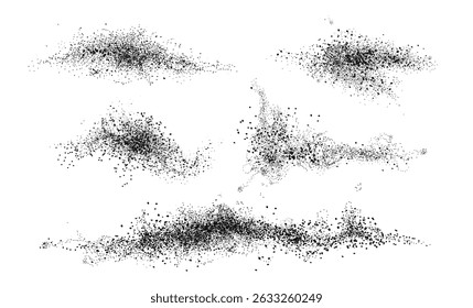 Charcoal splashes, black abstract noise, grainy texture, grain pattern, abstract stipple sand effect, gradient from dots isolated on white background. Vector illustration.