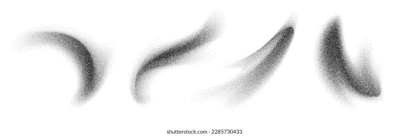 Charcoal splashes, black dotwork grain texture, abstract stipple sand effect, gradient from dots isolated on white background. Vector illustration.