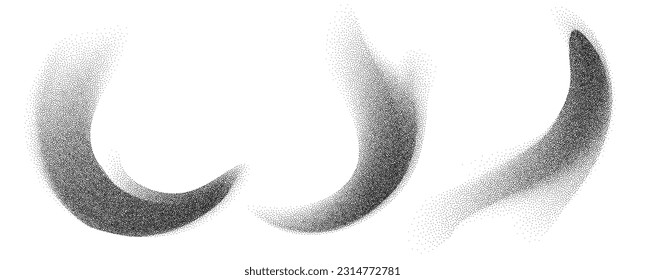 Charcoal splashes, black dotwork grain texture, abstract stipple sand effect, gradient from dots isolated on white background. Vector illustration.