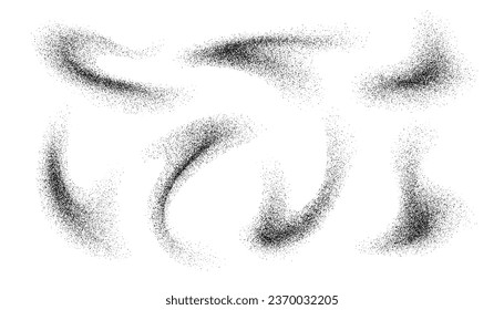 Charcoal splashes, black dotwork grain texture, abstract stipple sand effect, gradient from dots isolated on white background. Vector illustration.