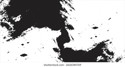 Charcoal splashes, white dotwork grain texture, abstract stipple grunge effect, gradient from dots isolated on black background. Vector illustration.