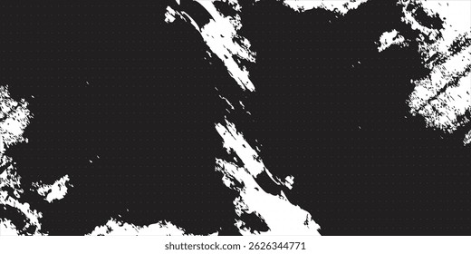 Charcoal splashes, white dotwork grain texture, abstract stipple grunge effect, gradient from dots isolated on black background. Vector illustration.