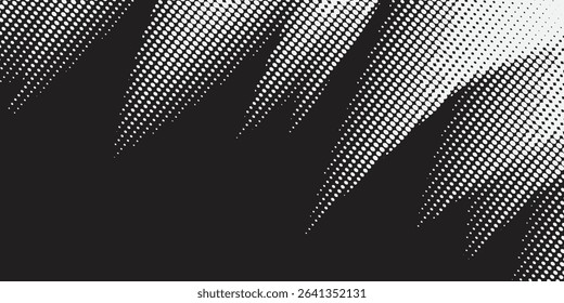 Charcoal splashes, white dotwork grain texture, abstract stipple sand effect, gradient from dots isolated on black background. Vector illustration.