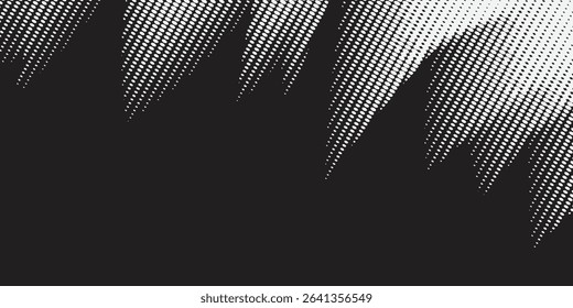 Charcoal splashes, white dotwork grain texture, abstract stipple sand effect, gradient from dots isolated on black background. Vector illustration.