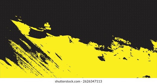 Kohlespritzer, gelbe Punktmuster, Kornstruktur, abstrakter Stipple-Grunge-Effekt, Farbverlauf von Punkten einzeln auf schwarzem Hintergrund. Vektorgrafik.