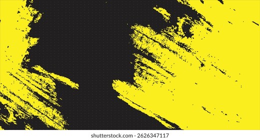 Kohlespritzer, gelbe Punktmuster, Kornstruktur, abstrakter Stipple-Grunge-Effekt, Farbverlauf von Punkten einzeln auf schwarzem Hintergrund. Vektorgrafik.