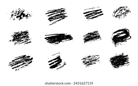 Charcoal strokes. Pencil strokes. Marker strokes. Brushes of different shapes on a white background. Vector brushes in grunge style. Vector horizontal lines in pencil. Vector lines coal, drawn by hand