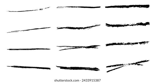 Charcoal strokes. Pencil strokes. Marker strokes. Brushes of different shapes on a white background. Vector brushes in grunge style. Vector horizontal lines in pencil. Vector lines coal, drawn by hand