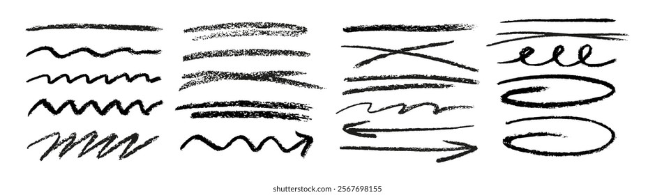 Charcoal strokes. Rough charcoal strokes. Collection of vector grunge brushes. Set of black hand drawn brush lines different forms on white background. Vector horizontal chalk lines