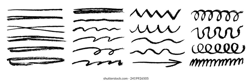 Charcoal strokes. Set of black hand drawn brush lines different forms on white background. Rough charcoal strokes and lines. Hand drawn brush elements for notes, highlighting and underlining in text.